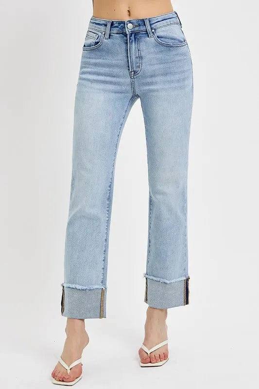 High Waist Relaxed Straight-Leg Cuffed Jeans