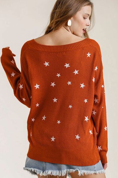 Full Size Star V-Neck Long Sleeve Sweater Plus Size