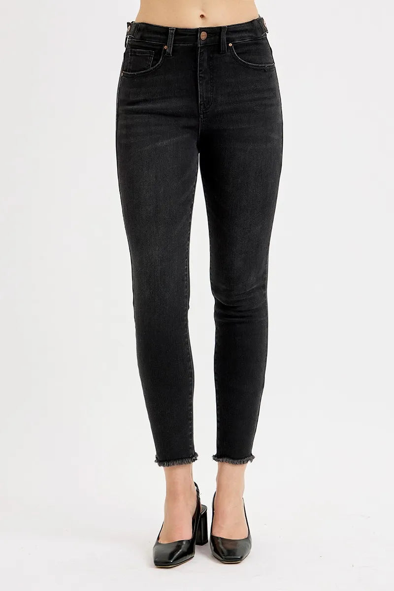 High-Waist Adjustable Fit Raw Hem Skinny Denim Jeans
