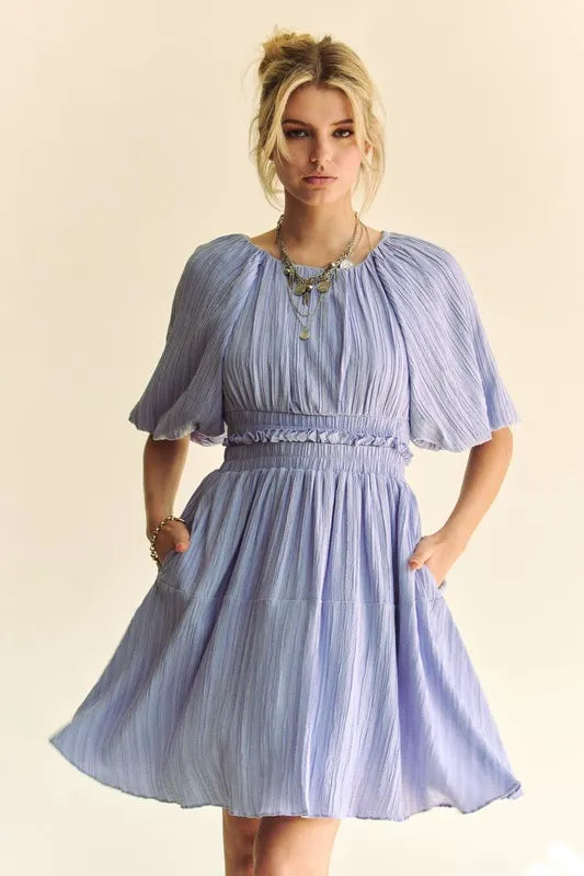 Back Button Puff Sleeve Mini Dress