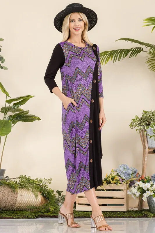Full Size Geo Print Paneled Dress with Buttons Plus Size