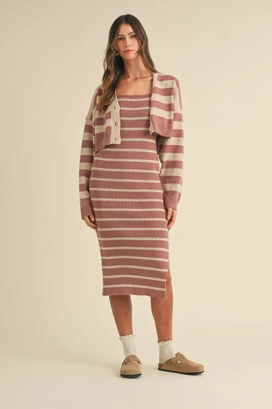 Stripe Crop Cardigan and Bodycon Dress Sweater Set