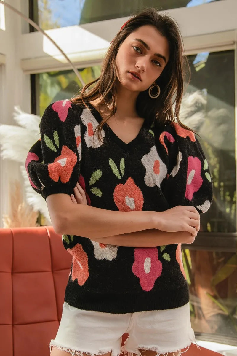 Floral Pattern Puff Sleeves V-Neck Sweater