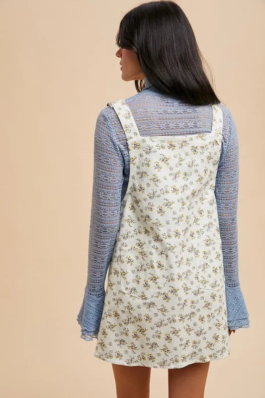 Stretch Ditsy Print Denim Overall Mini Dress