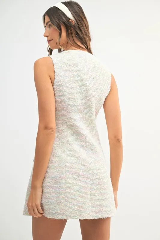 Tweed Sleeveless Button Down Mini Dress