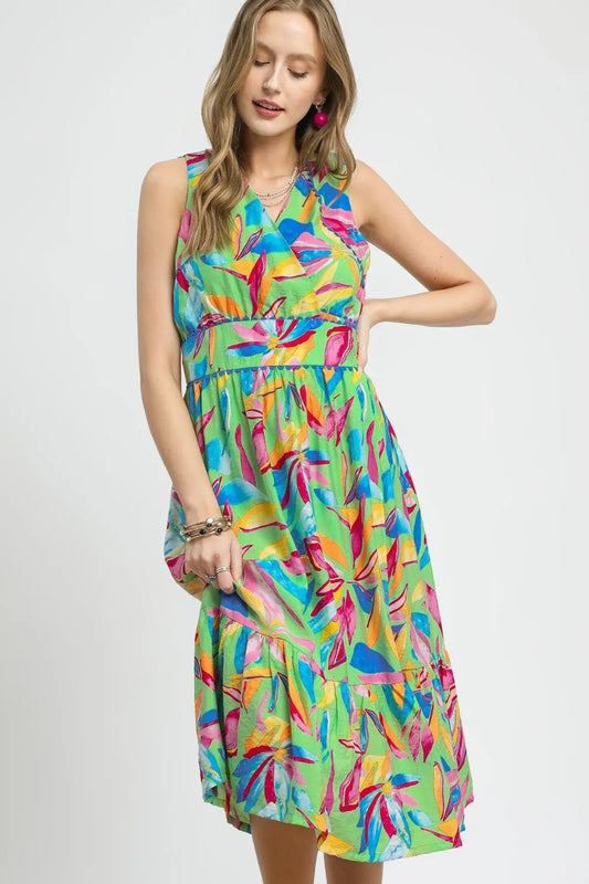 Tropical Paradise Sleeveless Midi Dress with Ruffled Hem
