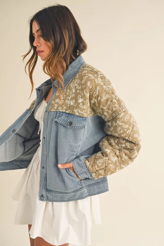 Quilted Paisley Print Contrast Denim Jacket