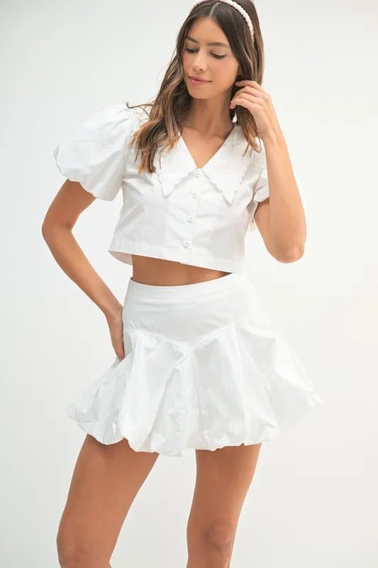 Puff Sleeve Button Down Top and Bubble Skirt Set