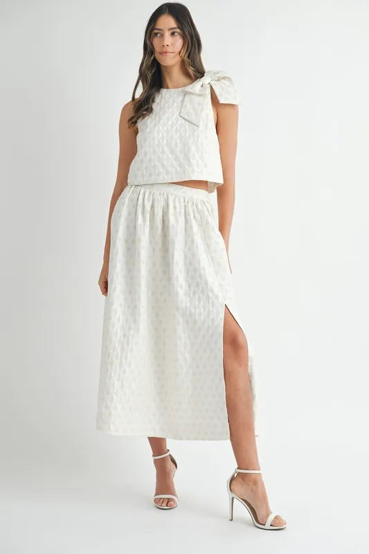 Taffeta Polka Dot Shoulder Ribbon Top and Skirt Set
