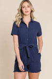 Collared Button Down Romper with Tie Belt