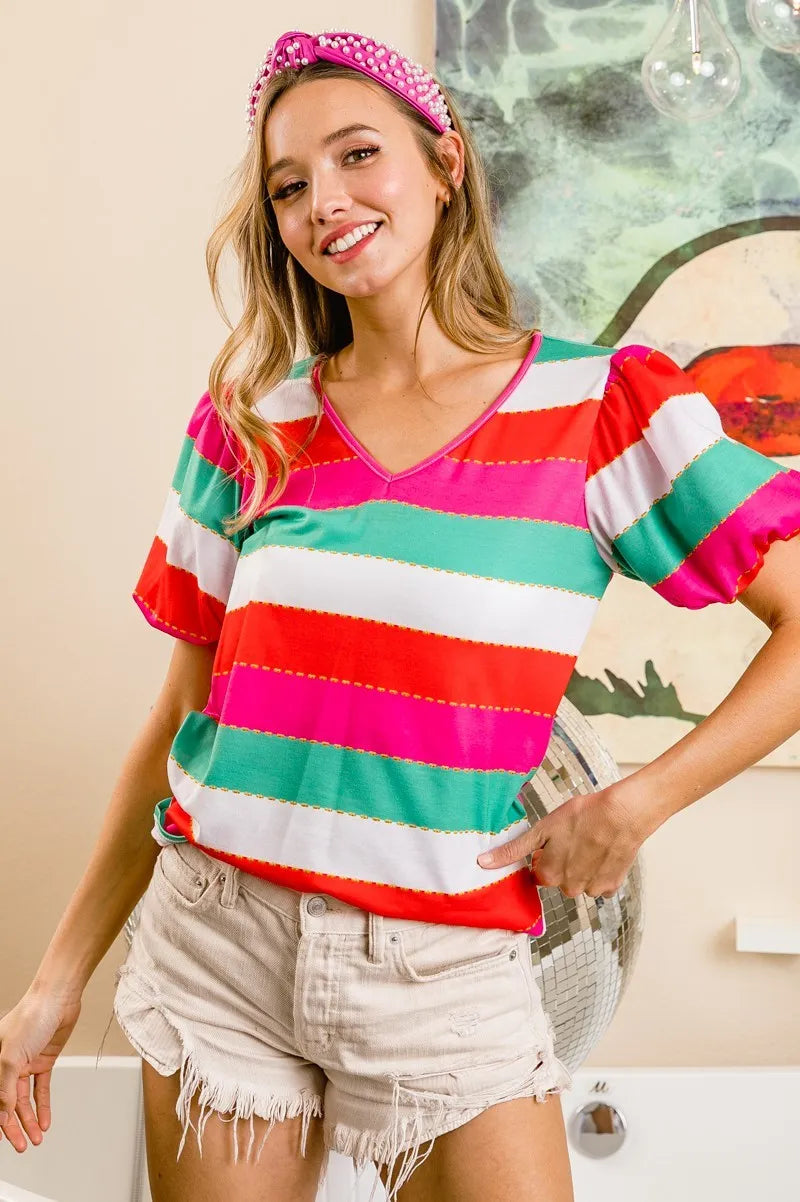 Multi Stripe Color Print Puff Sleeves V Neck Top