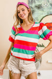 Multi Stripe Color Print Puff Sleeves V Neck Top