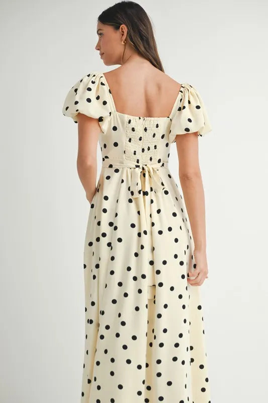 Polka Dot Puff Sleeve Midi Dress