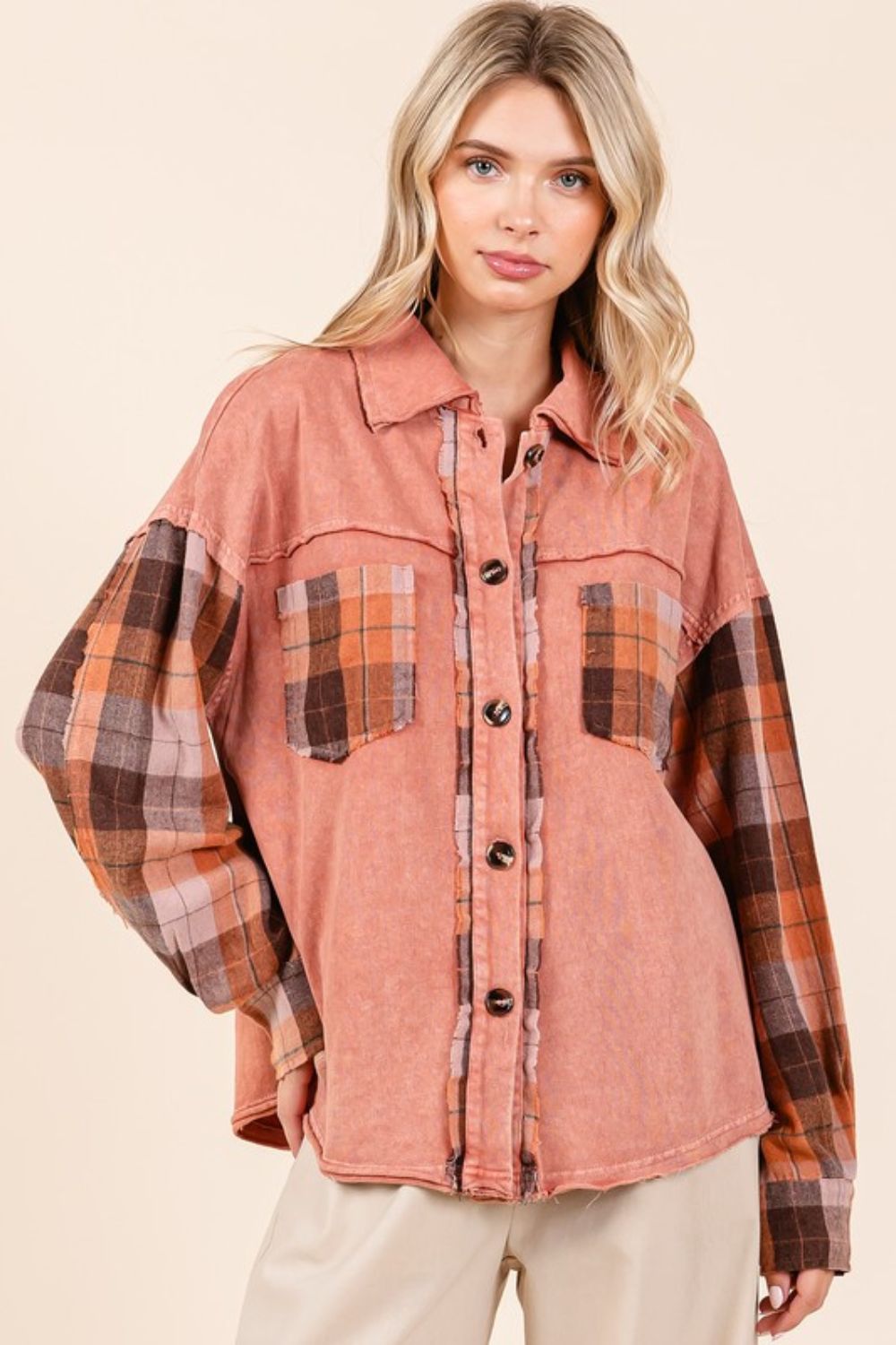 Button Down Contrast Plaid Patchwork Shacket