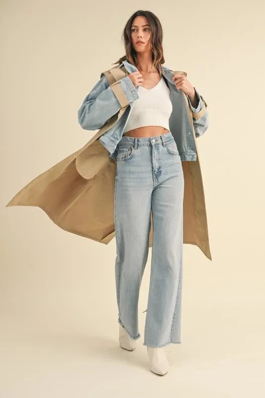 Layered Look Trench Coat With Denim Jacket