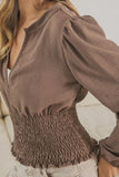 Smoking Waist Band and Puff Sleeves Deep V Neck Top