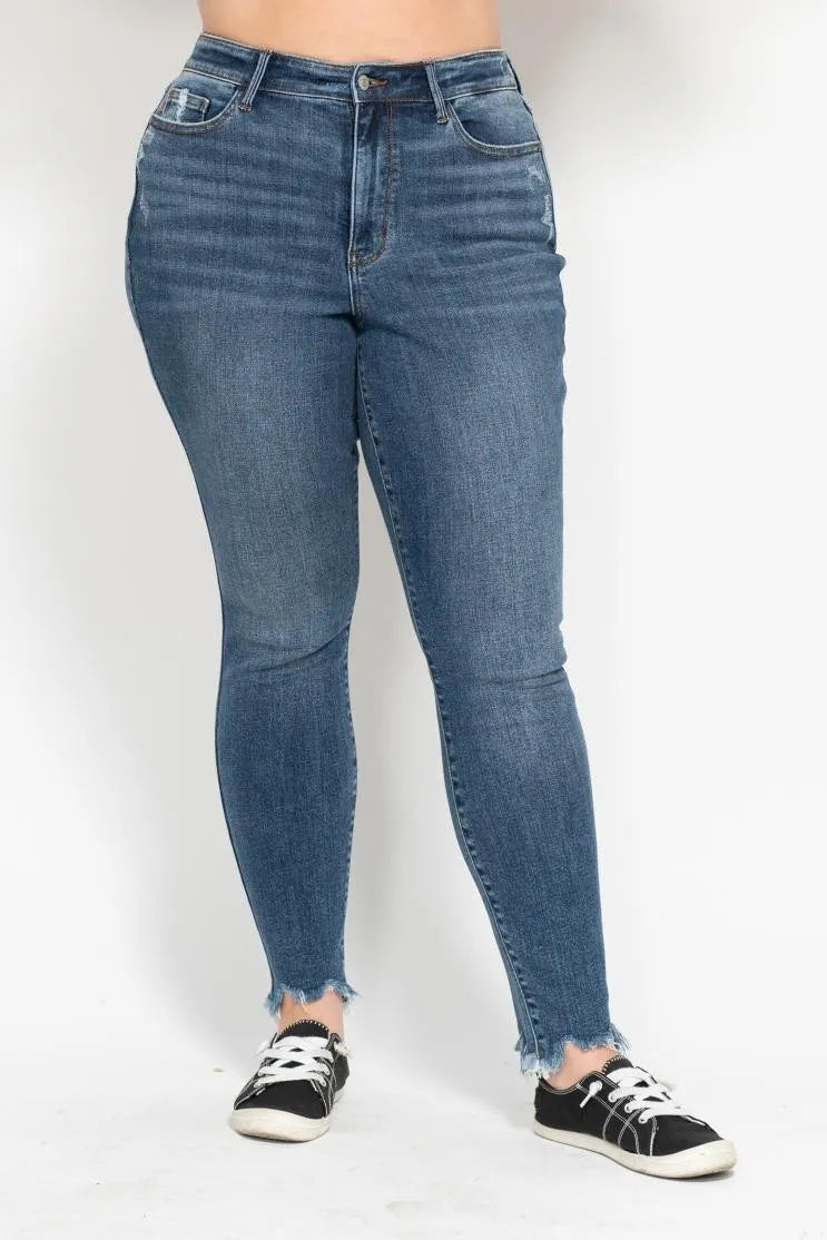 Plus Size High Waist Skinny with Destroy & Shark Bit Hem