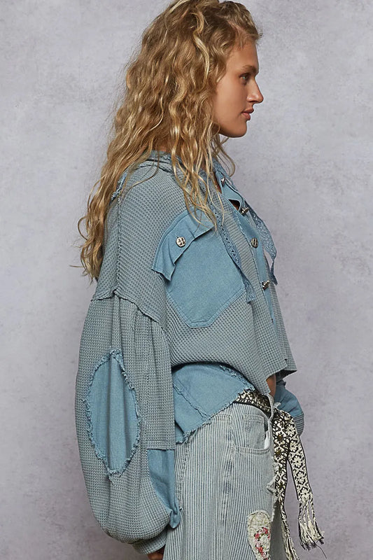 Distressed Denim Jacket with Cropped Raw Edge Detailing