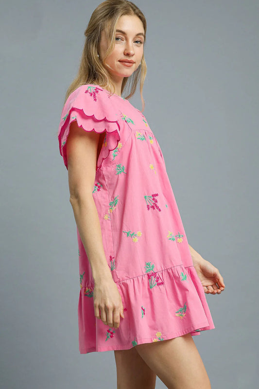Tropical Embroidered Flutter Sleeve Mini Dress