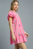 Tropical Embroidered Flutter Sleeve Mini Dress