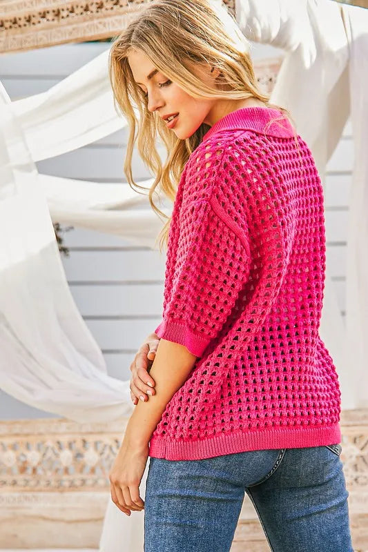 Hollow Out Polo Sweater Top