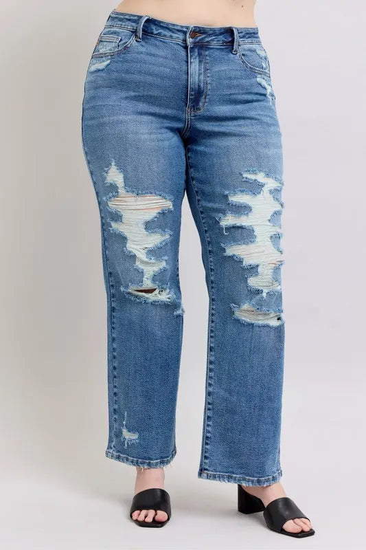Full Size High Waist Heavy Destroy Straight Jeans Plus Size