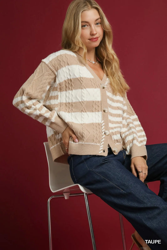 Modern Stripe Cable-Knit Button-Up Cardigan