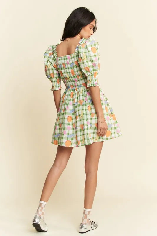 Fruits Printed Smocking Mini Dress