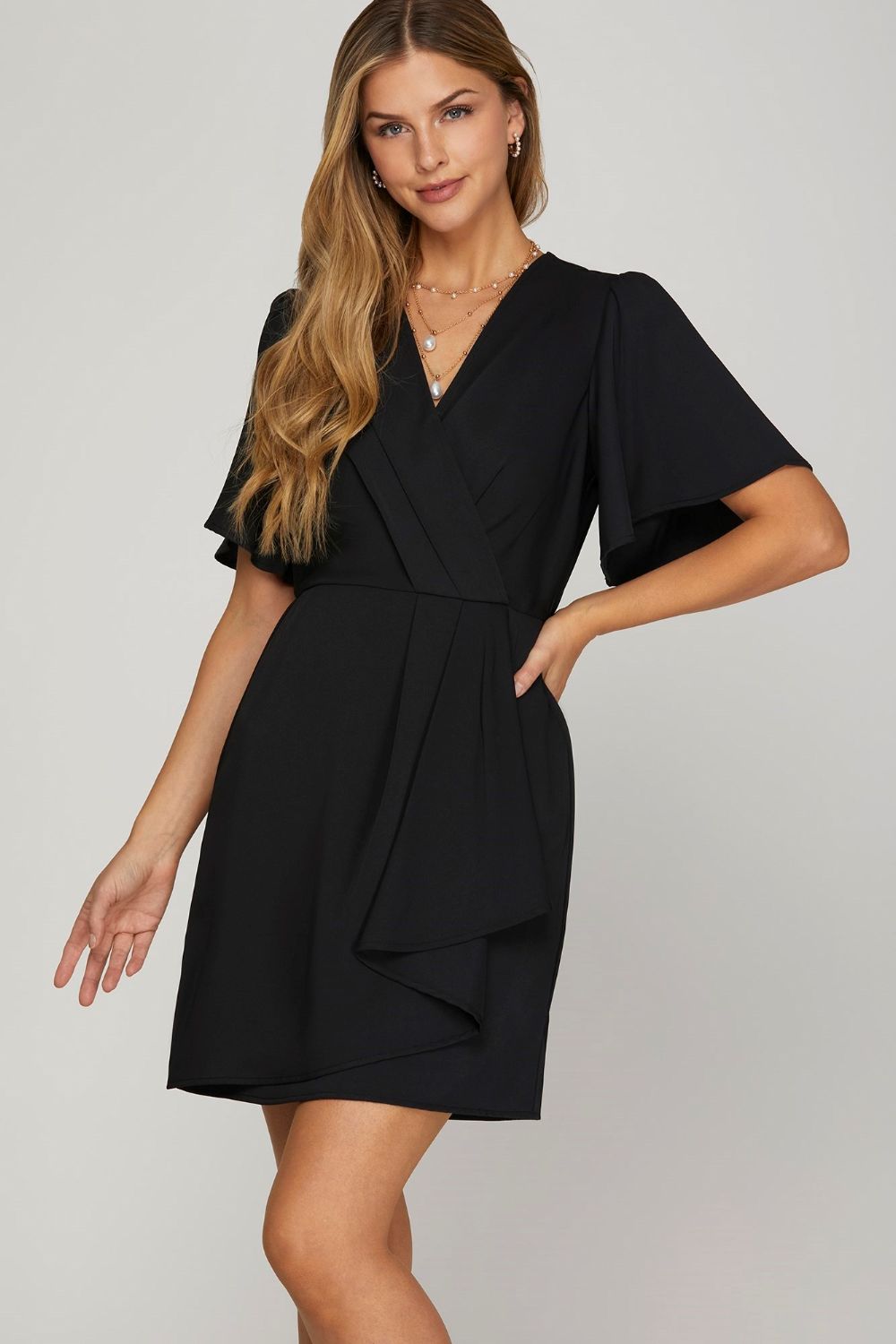Ruffled Surplice Short Flutter Sleeve Mini Dress