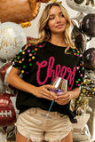 Metallic Letter Sequin Raglan Puff Sleeve Top