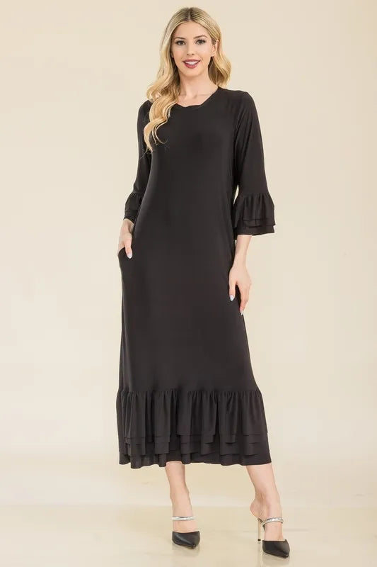 Full Size Modest Midi Dress with 3/4 Ruffle Bell Sleeves Plus Size