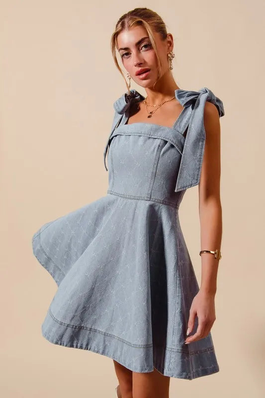 A Line Fit and Flare Diamond Bow Ribbon Denim Dres