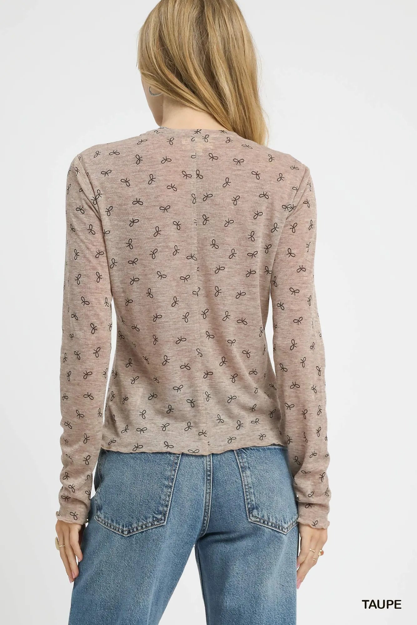 Long-Sleeve Bow Pattern Knit Top