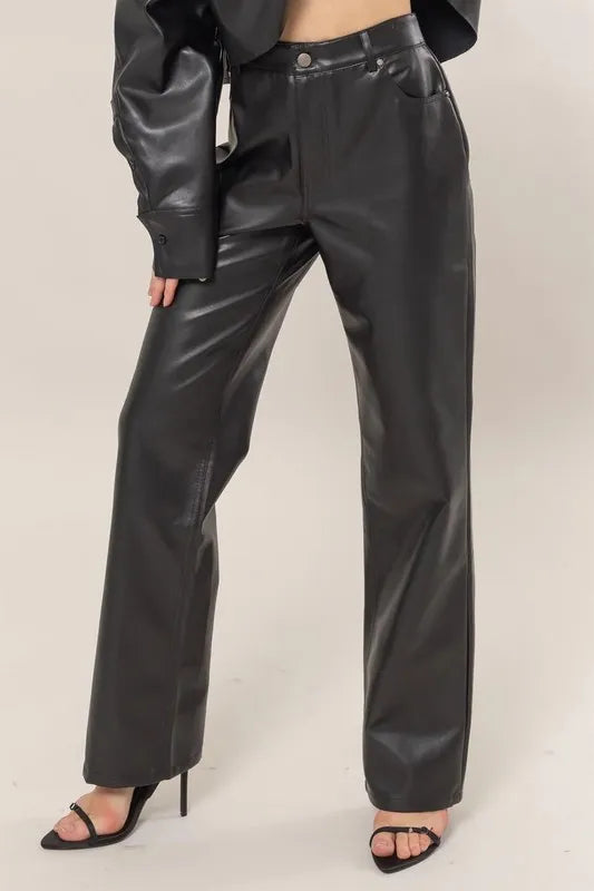 PU High Waist Straight Pants
