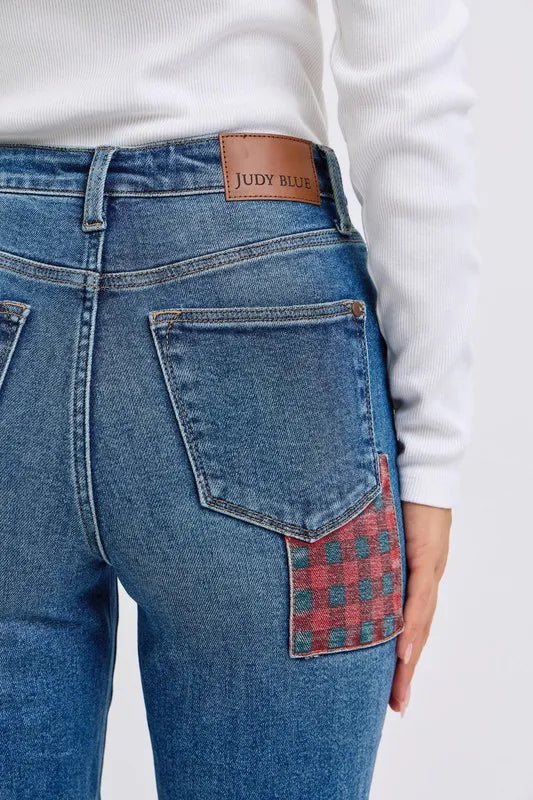 Full Size HW Plaid Patch Slim Fit Jeans Plus Size