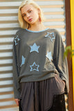 Star Patch Exposed Denim Seam Relaxed Fit Sweater