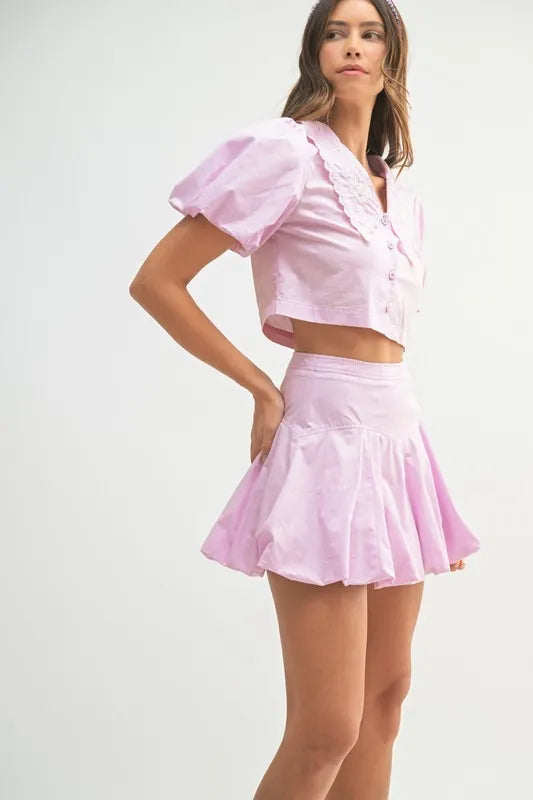 Puff Sleeve Button Down Top and Bubble Skirt Set
