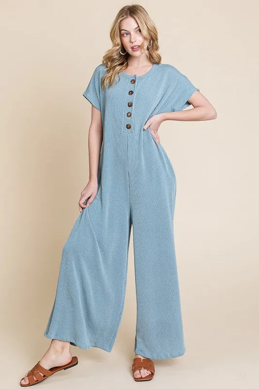 Rib Knit Jumpsuit with Button Detail