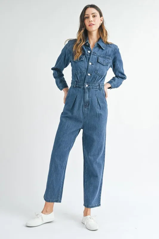 Cinched Waist Straight Leg Denim Jumpsuit