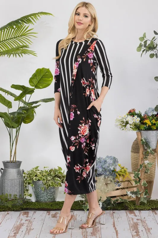 Full Size Stripe Floral Contrast Midi-Dress with Buttons Plus Size