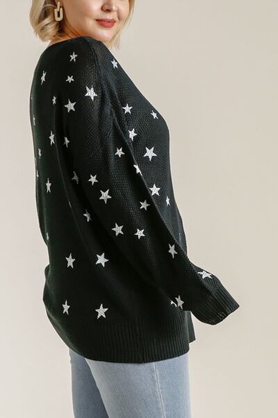 Full Size Star V-Neck Long Sleeve Sweater Plus Size