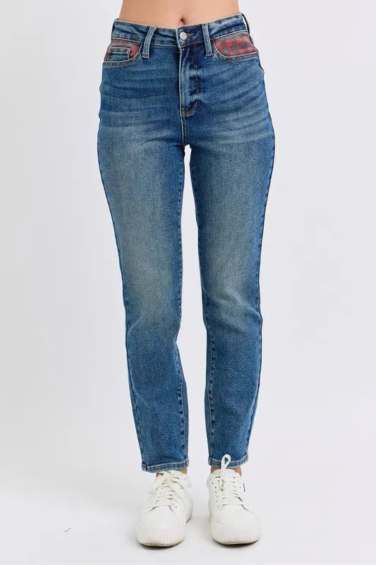Full Size HW Plaid Patch Slim Fit Jeans Plus Size