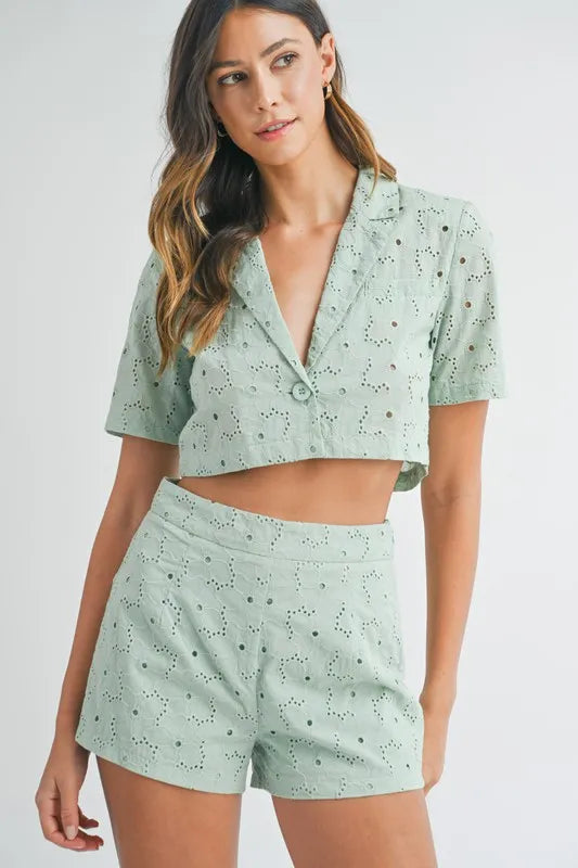 Eyelet Short Sleeve Crop Top and Shorts Set