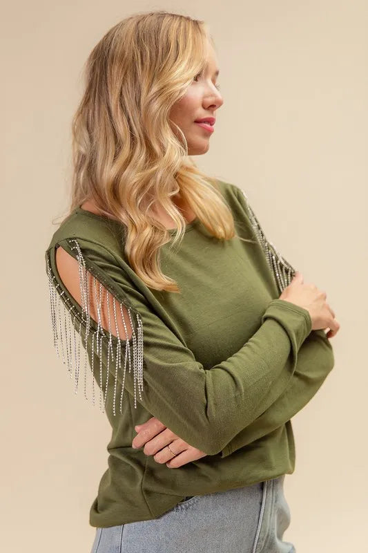 French Terry Cold Shoulder Ringstone Fringe Top