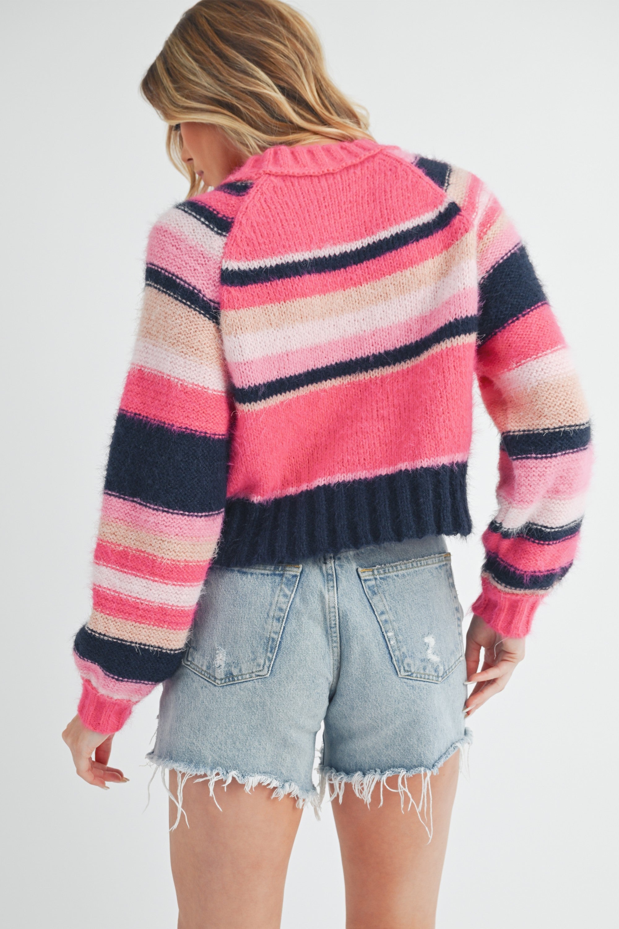 Striped Ribbed Neckline Raglan Sleeve Sweater