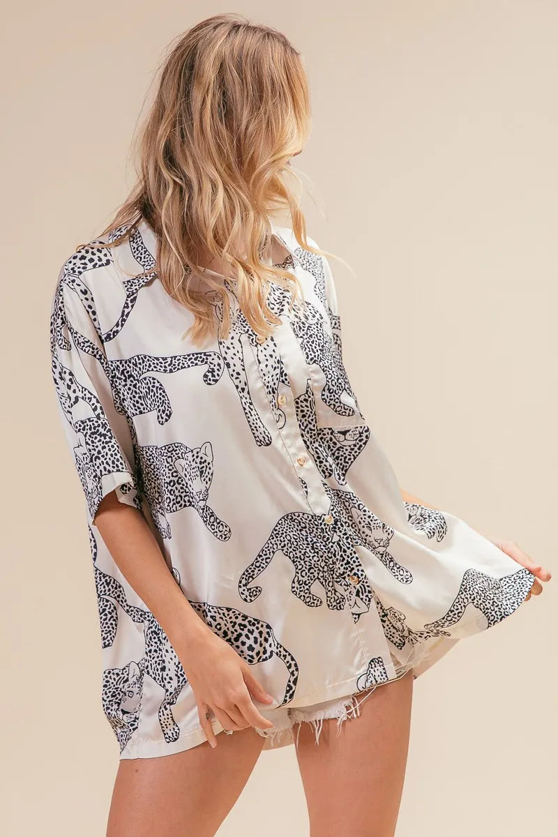 Leopard Print Short Sleeve Silky Satin Shirt Top