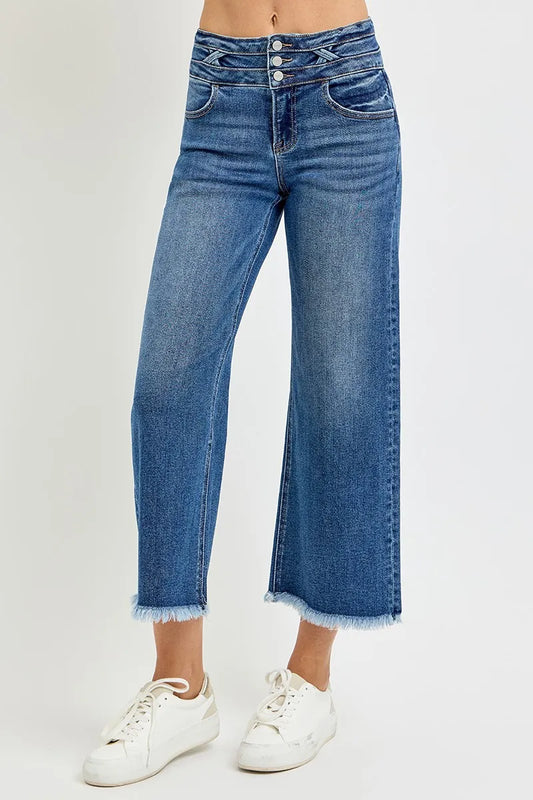 High Waist Cropped Wide Leg Jeans with Unique Band Detail