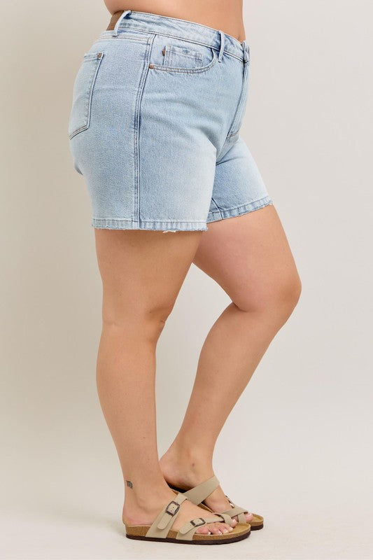 Full Size Frayed Hem High Rise Denim Shorts with Pockets Plus Size