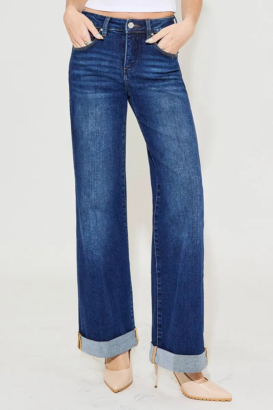 Full Figure High Waist Wide Leg Roll-Up Denim Jeans