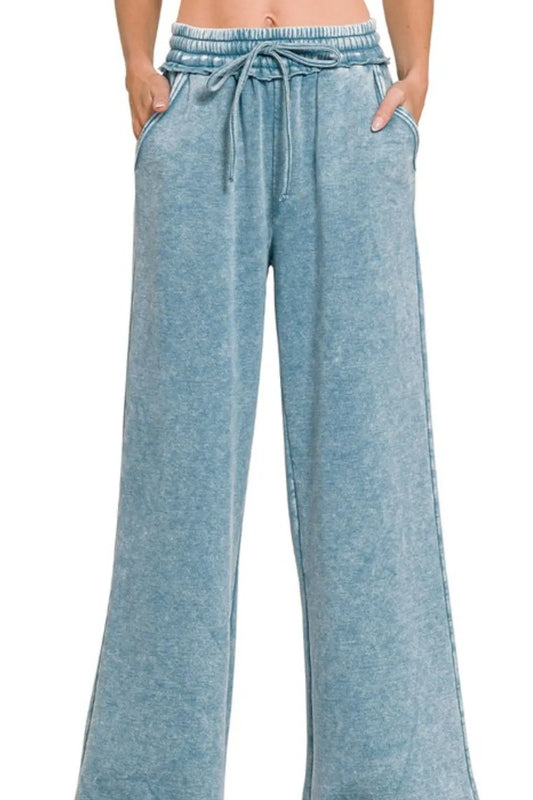 Acid Wash Fleece Palazzo Sweatpants with Pockets
